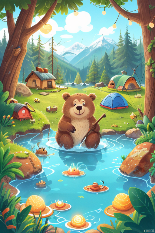 a bear is camping, kid, Thermal Pool <lora:COOLKIDS_MERGE_V2.5:1>
